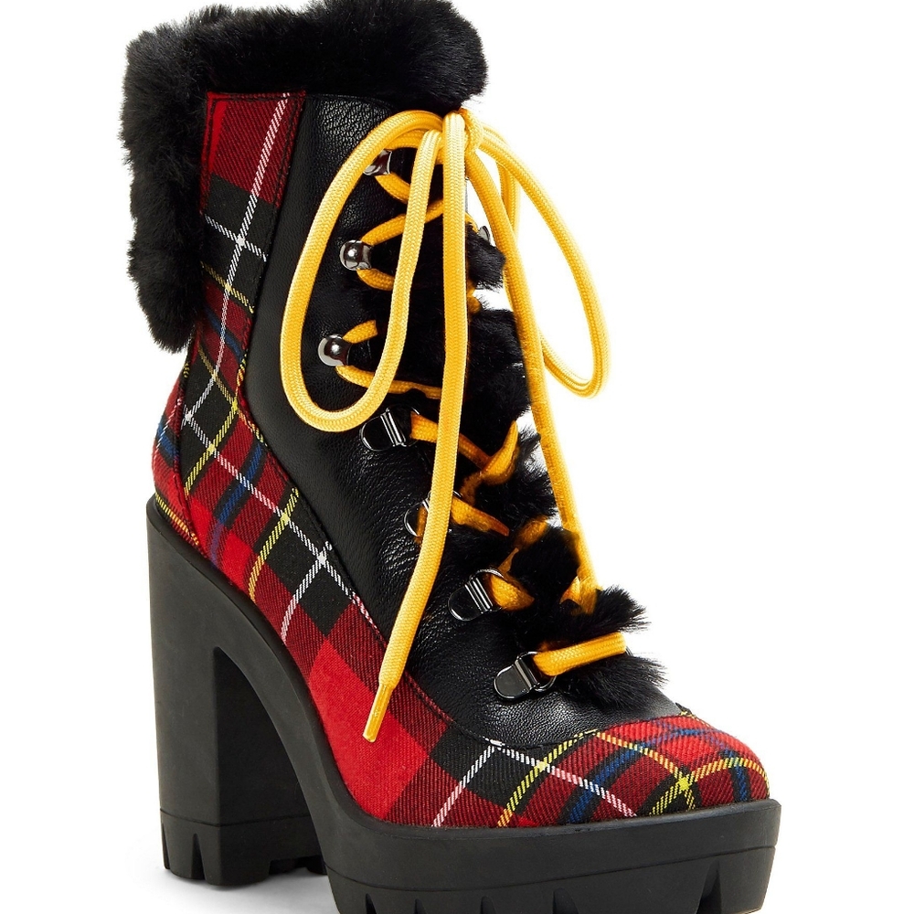 ISO Red Mikah Plaid Print Faux Fur Block-heel